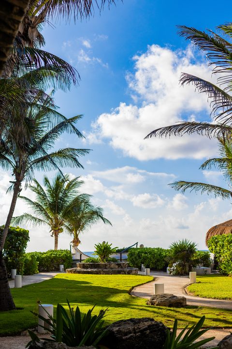 Casa del Secreto’s lawn and stone garden feature with the sea beyond the hedge