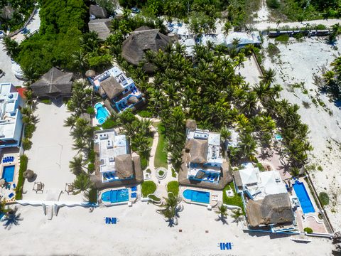 The whole estate from directly above — villas and pools around shared gardens with the beach below